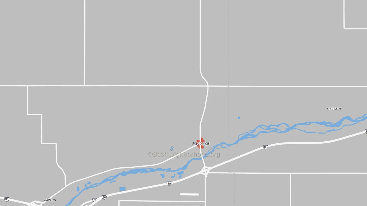 Walk Grade map of 69122, NE, walkable areas in green and car-dependent areas in red