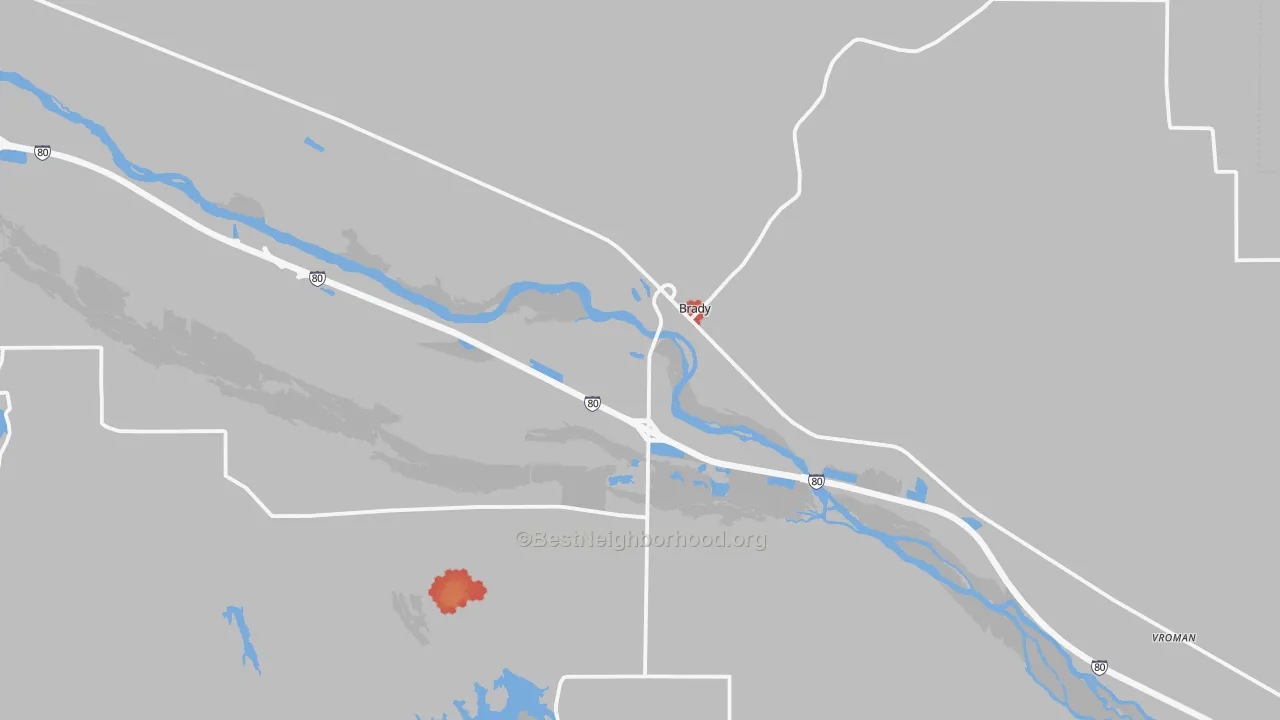 Walk Grade map of 69123, NE, walkable areas in green and car-dependent areas in red