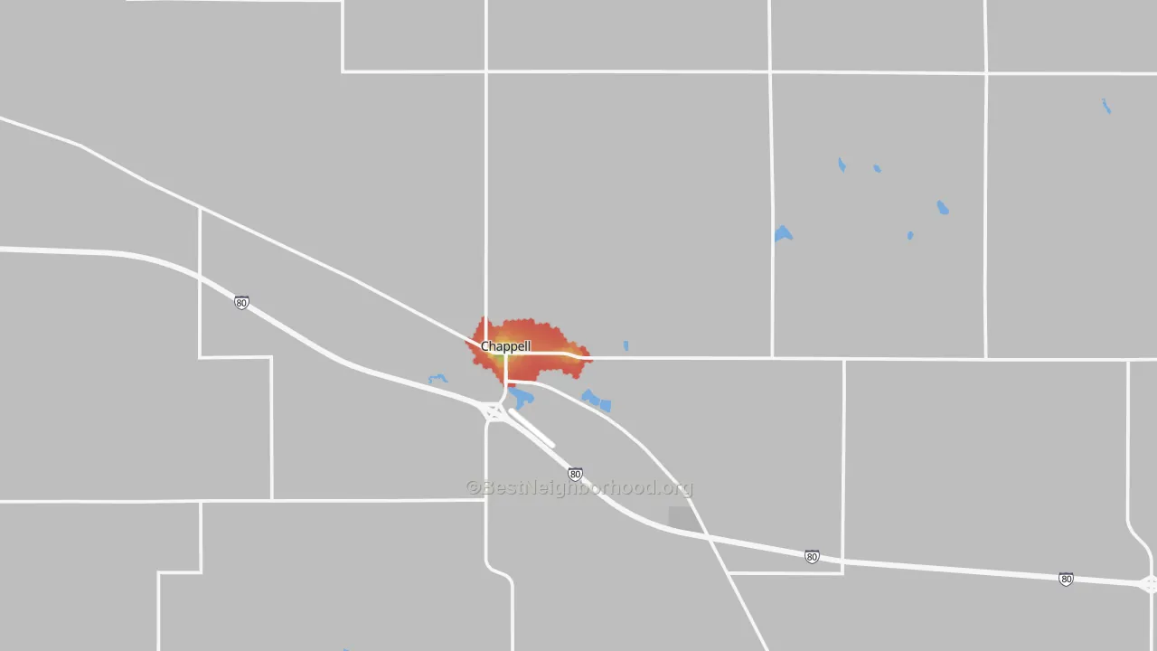 Walk Grade map of 69129, NE, walkable areas in green and car-dependent areas in red