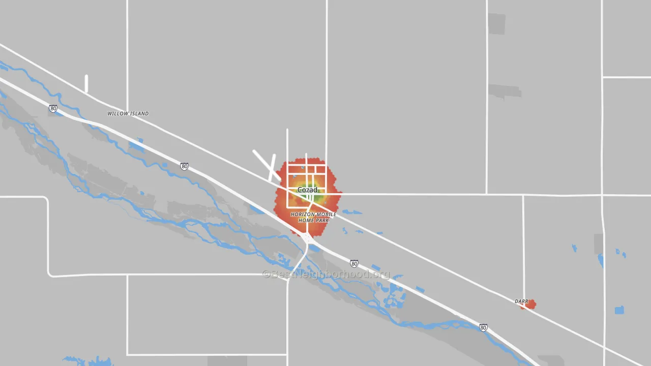 Walk Grade map of 69130, NE, walkable areas in green and car-dependent areas in red