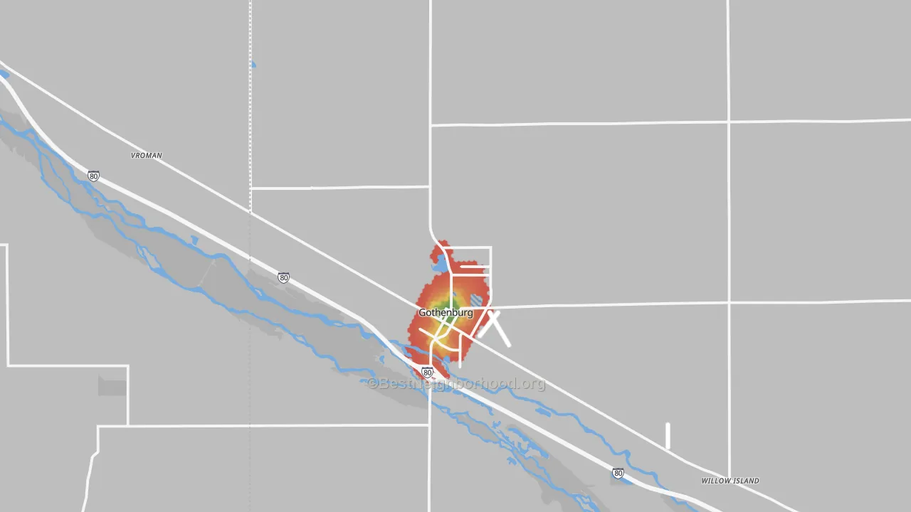 Walk Grade map of 69138, NE, walkable areas in green and car-dependent areas in red