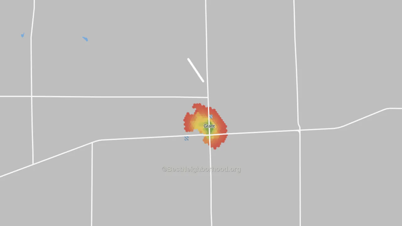 Walk Grade map of 69140, NE, walkable areas in green and car-dependent areas in red
