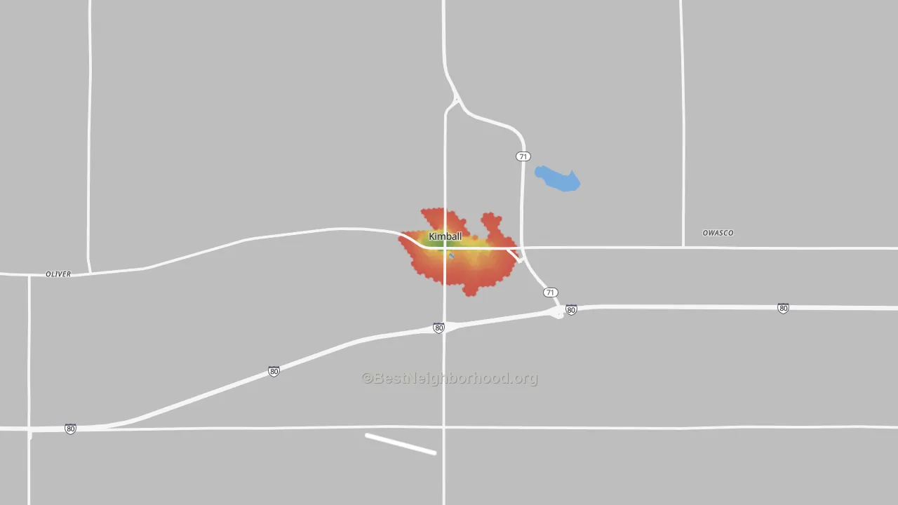 Walk Grade map of 69145, NE, walkable areas in green and car-dependent areas in red