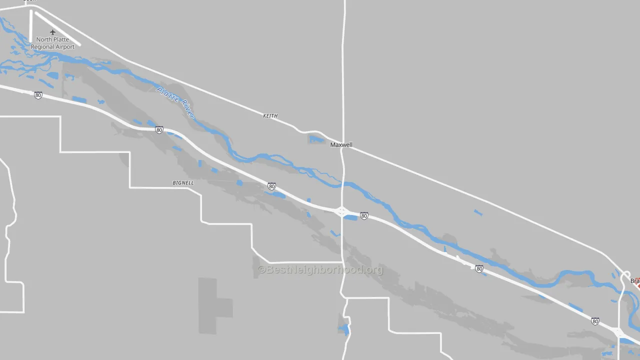 Walk Grade map of 69151, NE, walkable areas in green and car-dependent areas in red