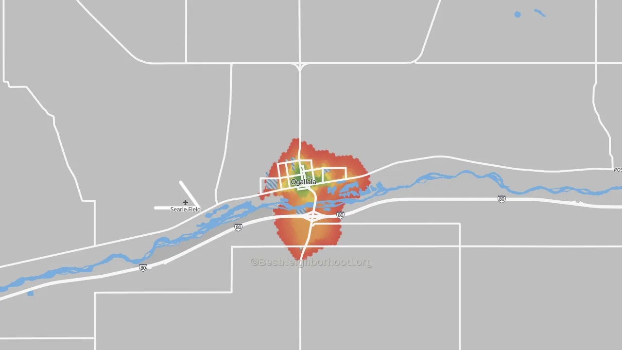 Walk Grade map of 69153, NE, walkable areas in green and car-dependent areas in red
