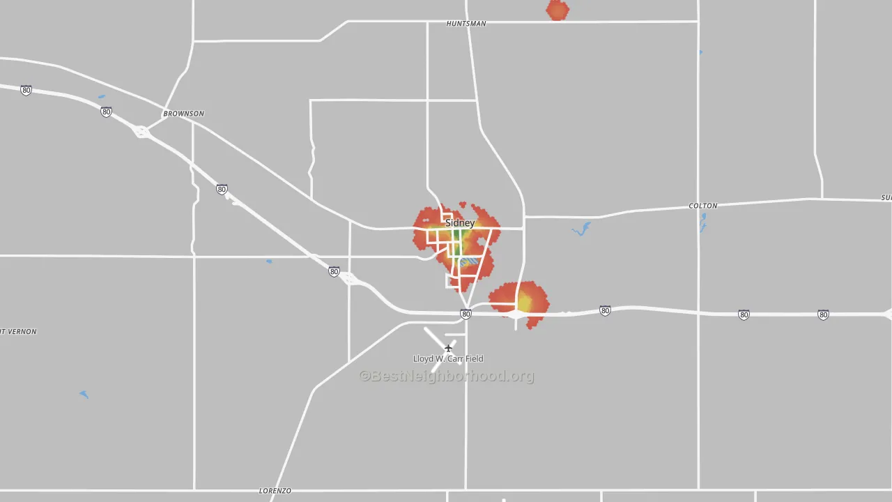 Walk Grade map of 69162, NE, walkable areas in green and car-dependent areas in red