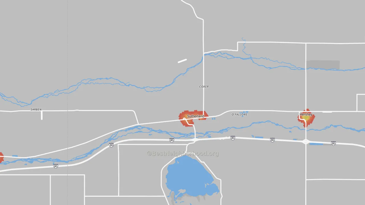 Walk Grade map of 69165, NE, walkable areas in green and car-dependent areas in red
