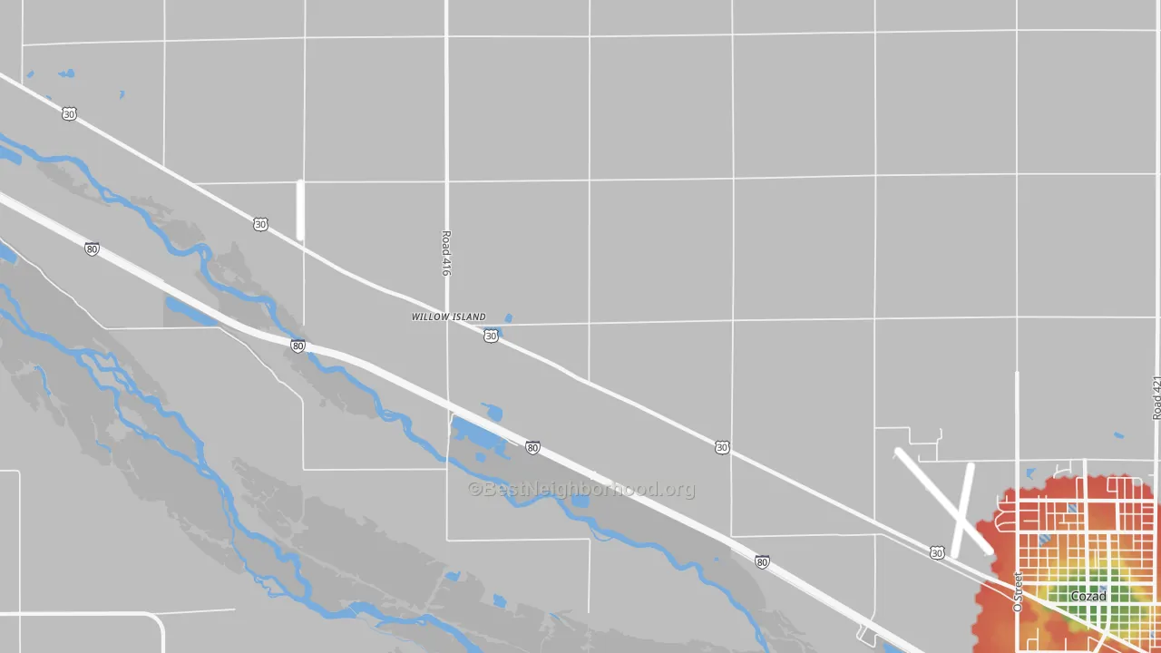Walk Grade map of 69171, NE, walkable areas in green and car-dependent areas in red