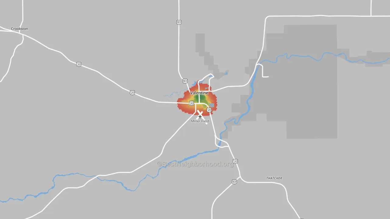 Walk Grade map of 69201, NE, walkable areas in green and car-dependent areas in red