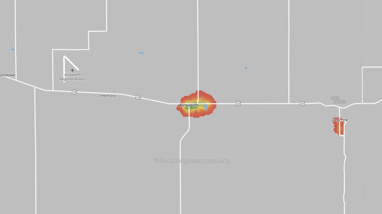 Walk Grade map of 69210, NE, walkable areas in green and car-dependent areas in red