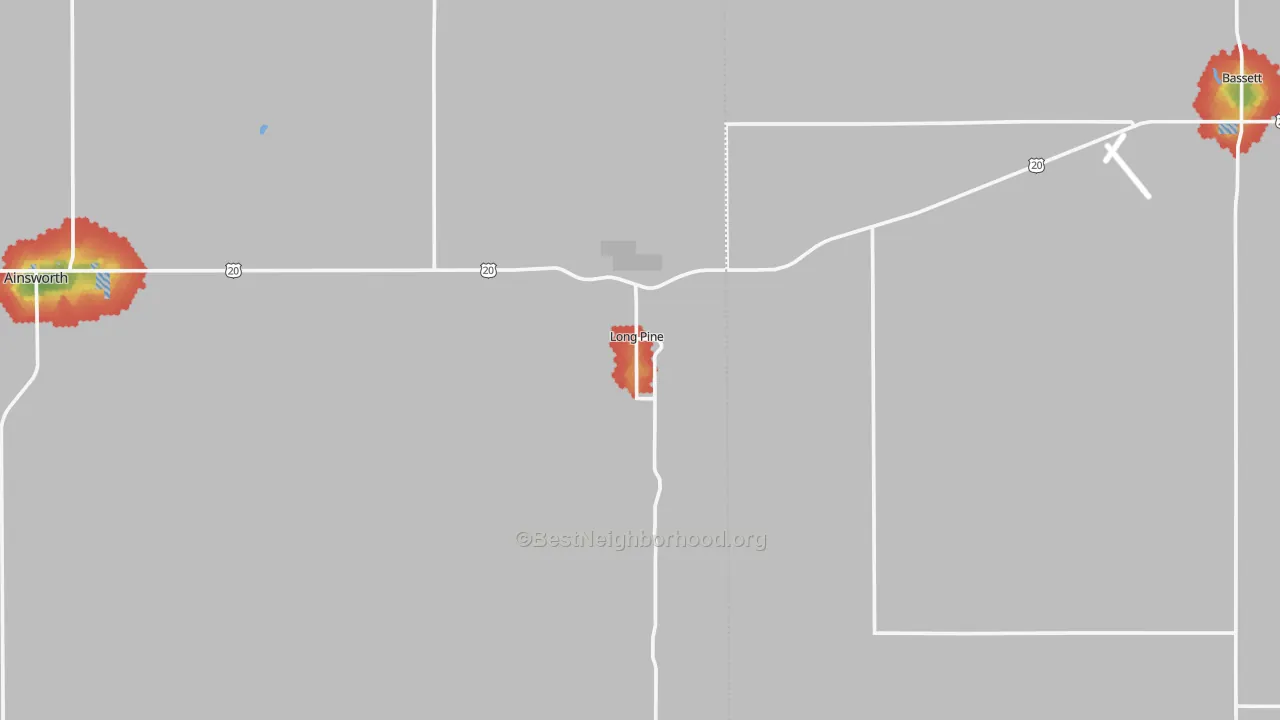 Walk Grade map of 69217, NE, walkable areas in green and car-dependent areas in red