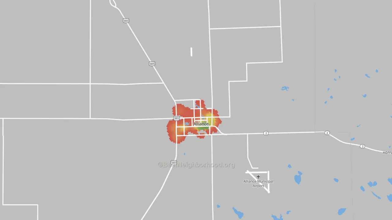 Walk Grade map of 69301, NE, walkable areas in green and car-dependent areas in red