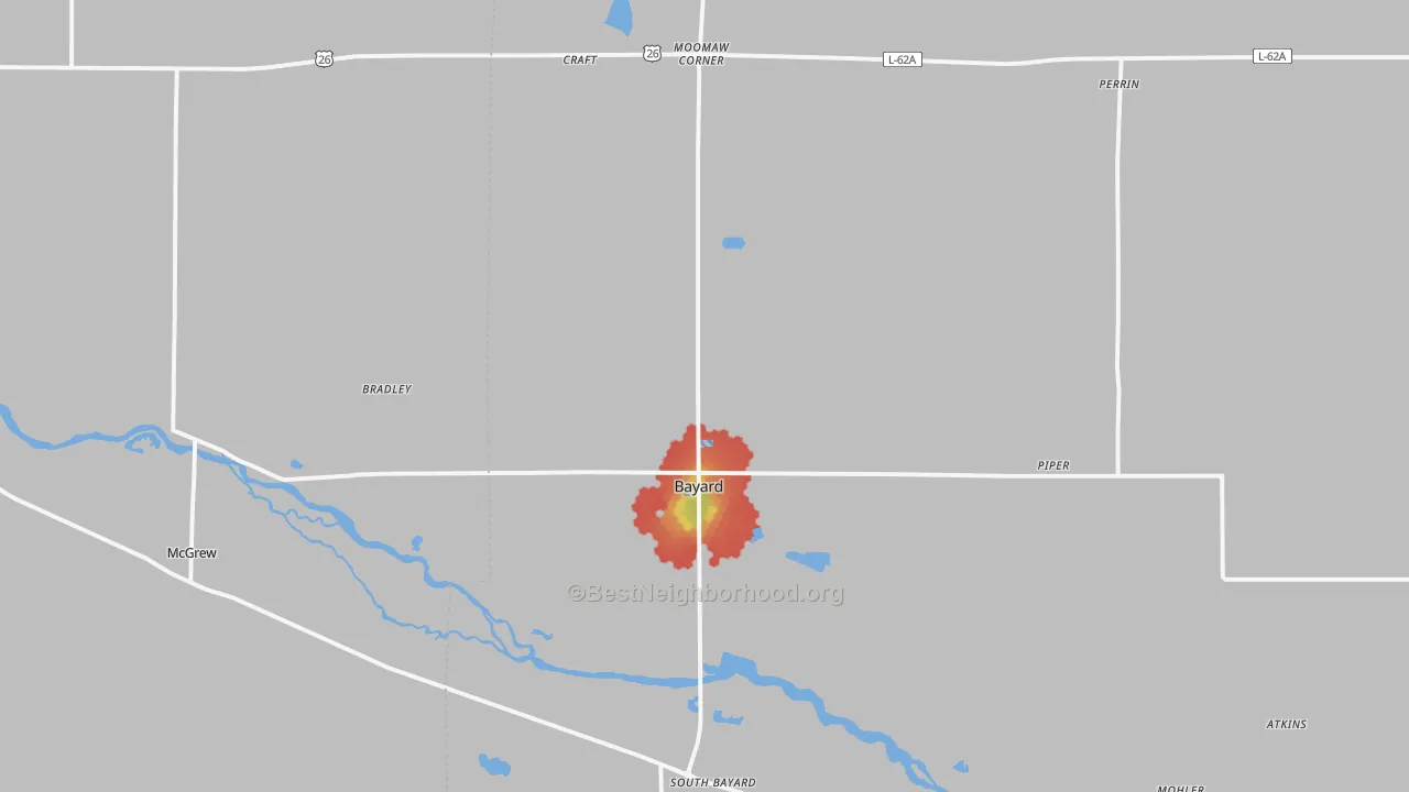 Walk Grade map of 69334, NE, walkable areas in green and car-dependent areas in red