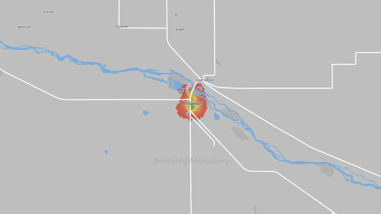Walk Grade map of 69336, NE, walkable areas in green and car-dependent areas in red