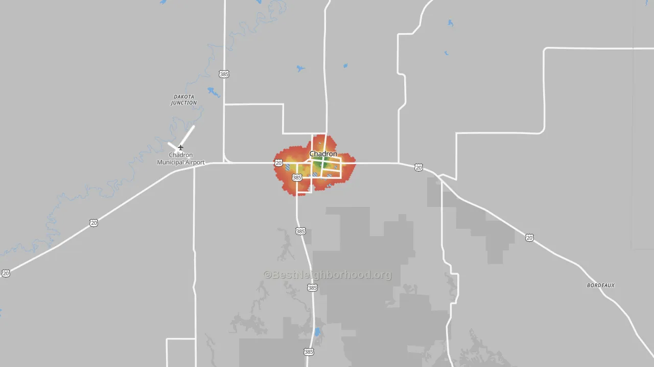Walk Grade map of 69337, NE, walkable areas in green and car-dependent areas in red