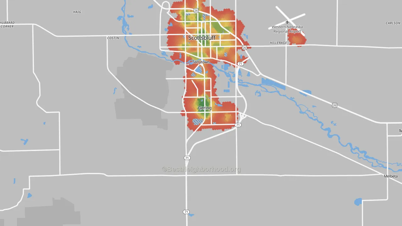 Walk Grade map of 69341, NE, walkable areas in green and car-dependent areas in red