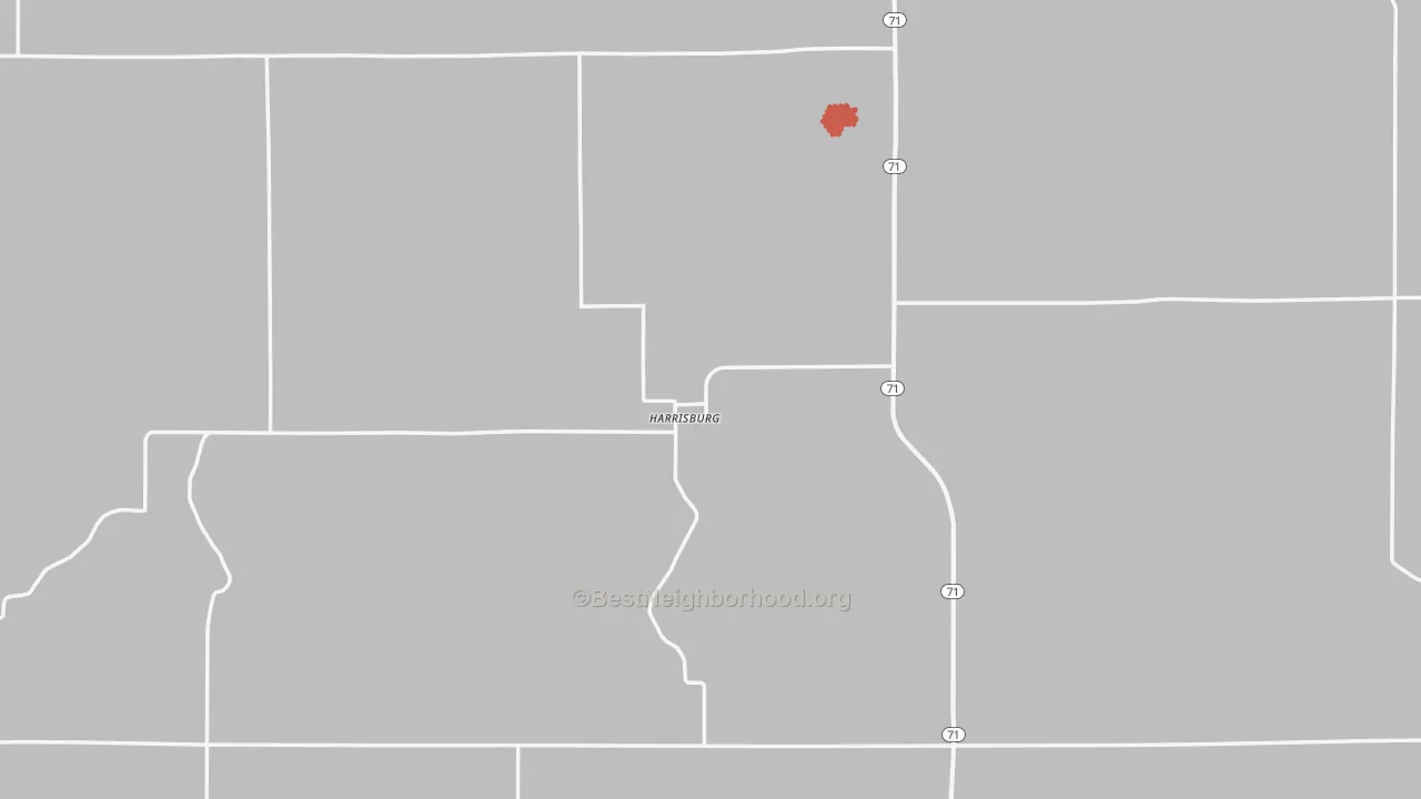 Walk Grade map of 69345, NE, walkable areas in green and car-dependent areas in red