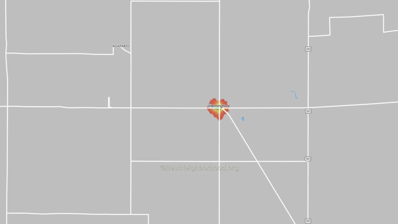 Walk Grade map of 69348, NE, walkable areas in green and car-dependent areas in red