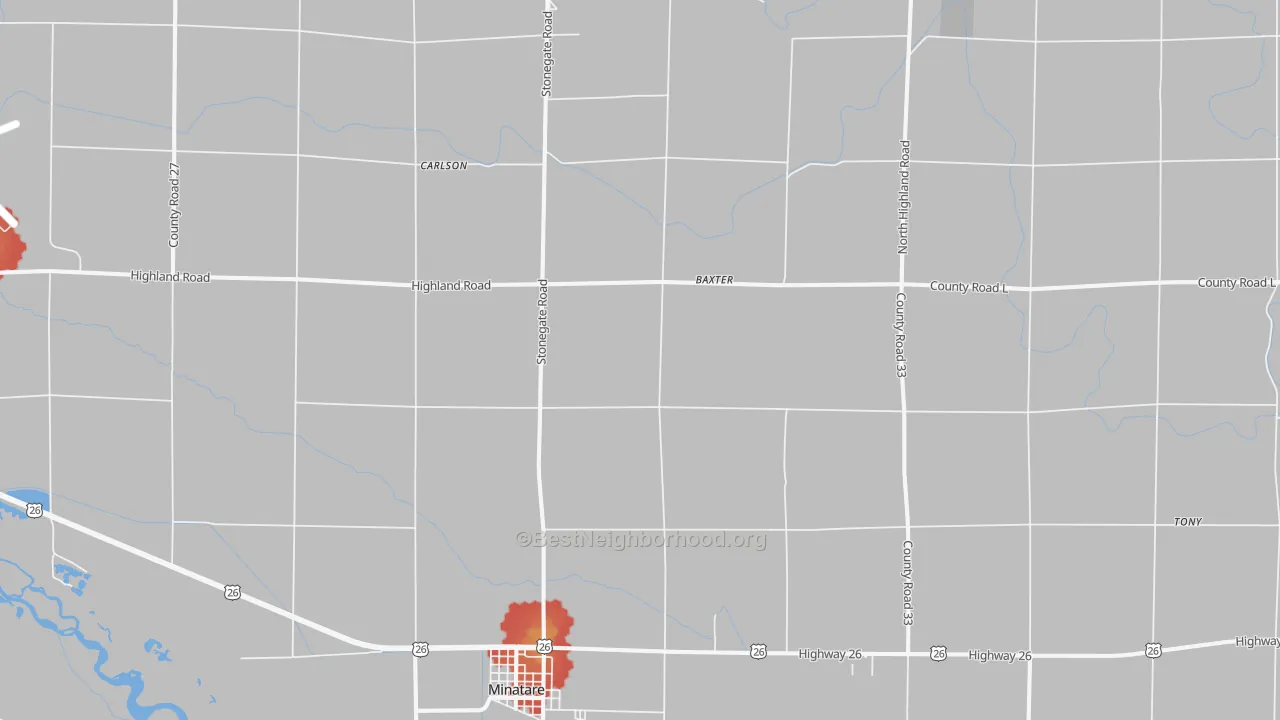 Walk Grade map of 69356, NE, walkable areas in green and car-dependent areas in red