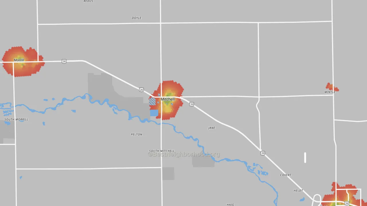 Walk Grade map of 69357, NE, walkable areas in green and car-dependent areas in red