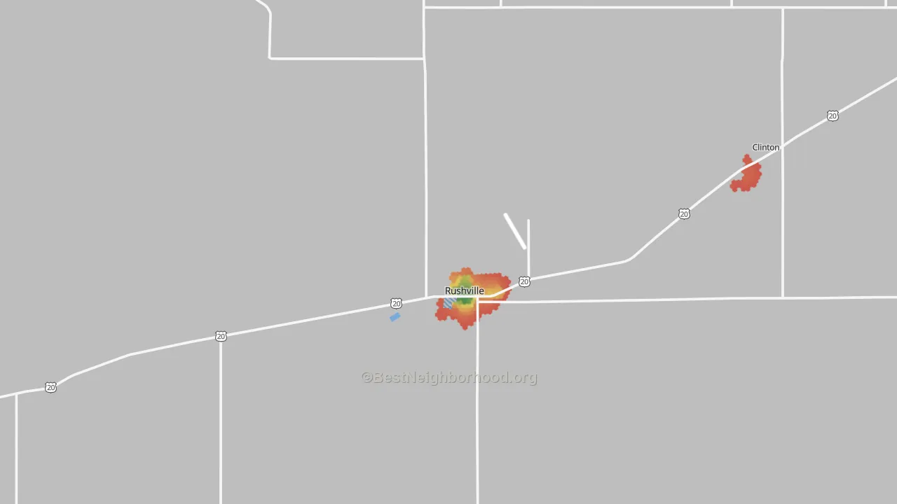 Walk Grade map of 69360, NE, walkable areas in green and car-dependent areas in red