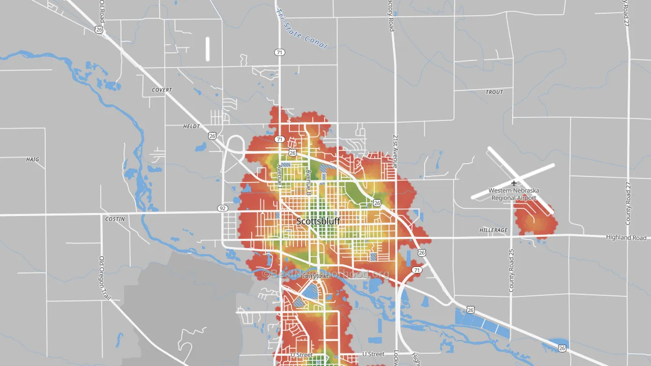 Walk Grade map of 69361, NE, walkable areas in green and car-dependent areas in red