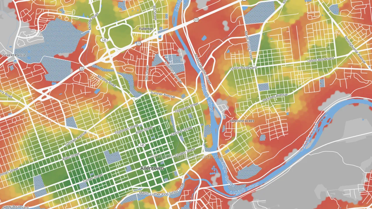 Walk Grade map of 6th Ward, Allentown, PA, walkable areas in green and car-dependent areas in red