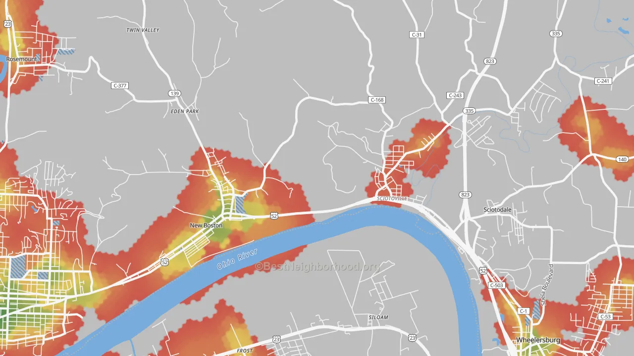Walk Grade map of 6th Ward, Portsmouth, OH, walkable areas in green and car-dependent areas in red
