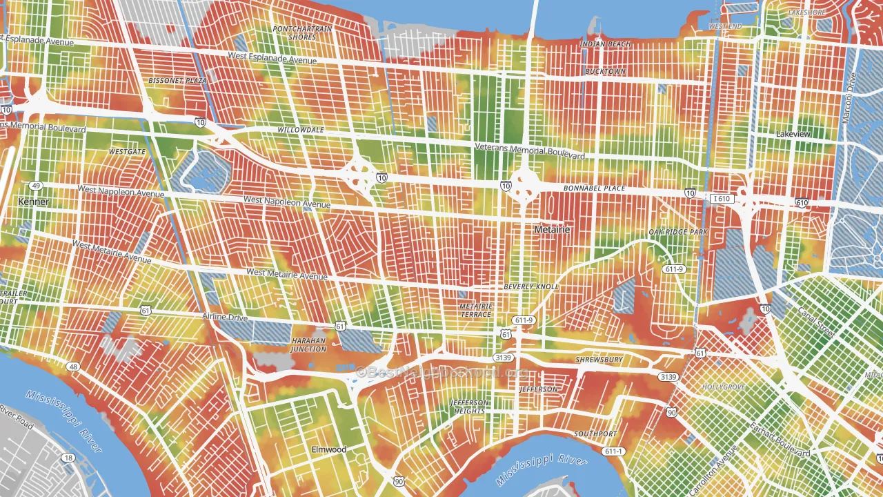 Walk Grade map of 70001, LA, walkable areas in green and car-dependent areas in red