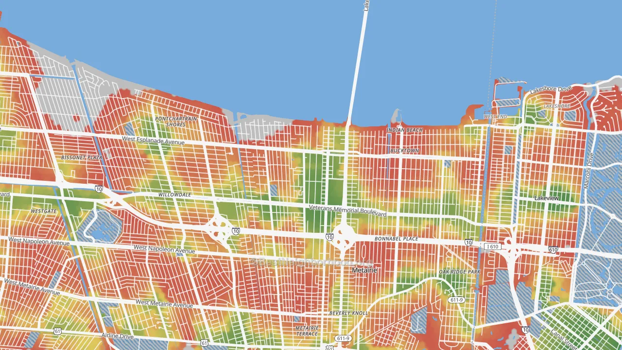 Walk Grade map of 70002, LA, walkable areas in green and car-dependent areas in red