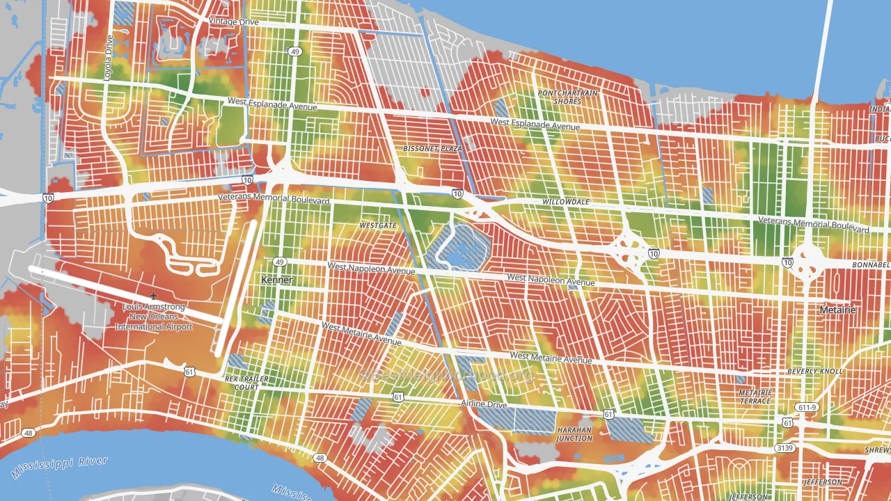 Walk Grade map of 70003, LA, walkable areas in green and car-dependent areas in red