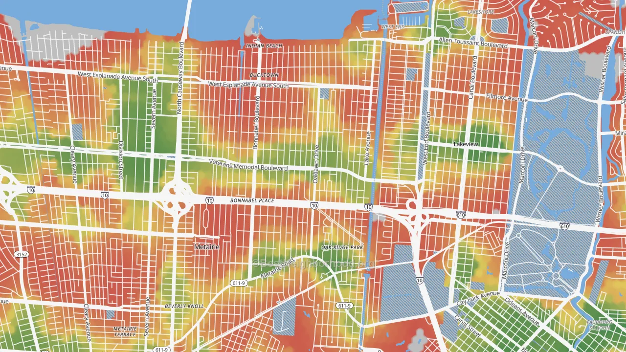 Walk Grade map of 70005, LA, walkable areas in green and car-dependent areas in red