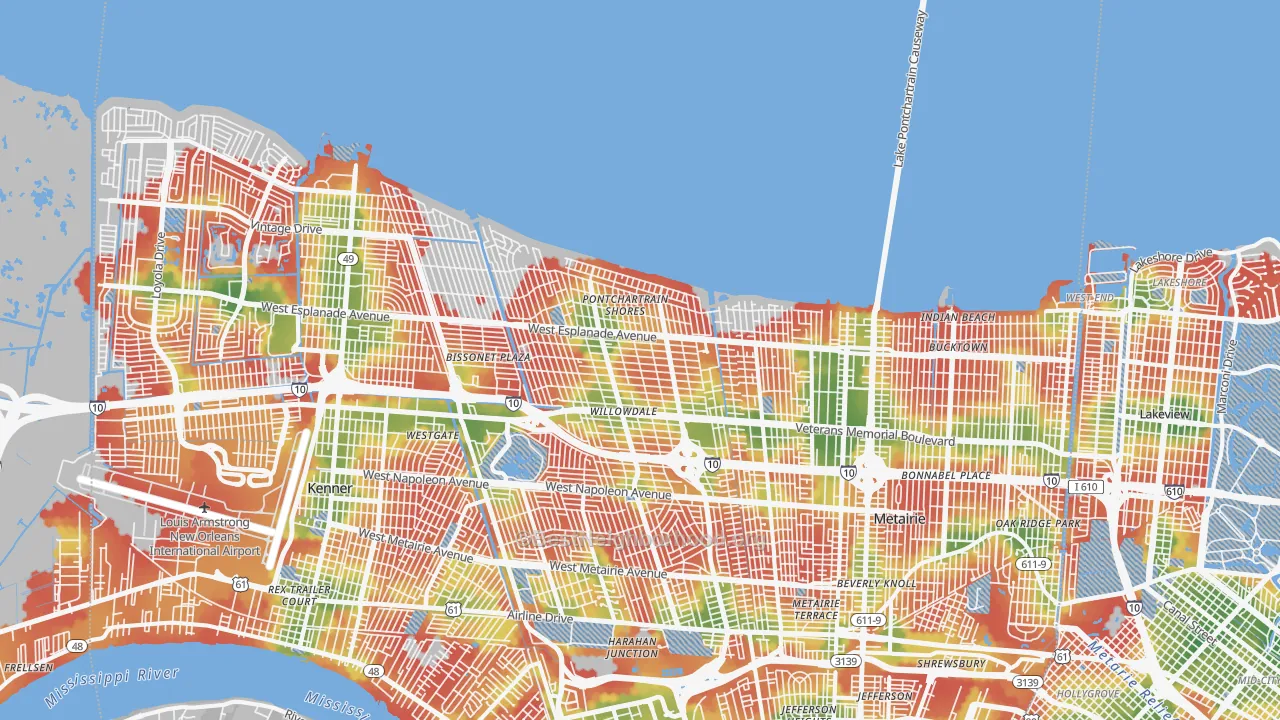 Walk Grade map of 70006, LA, walkable areas in green and car-dependent areas in red