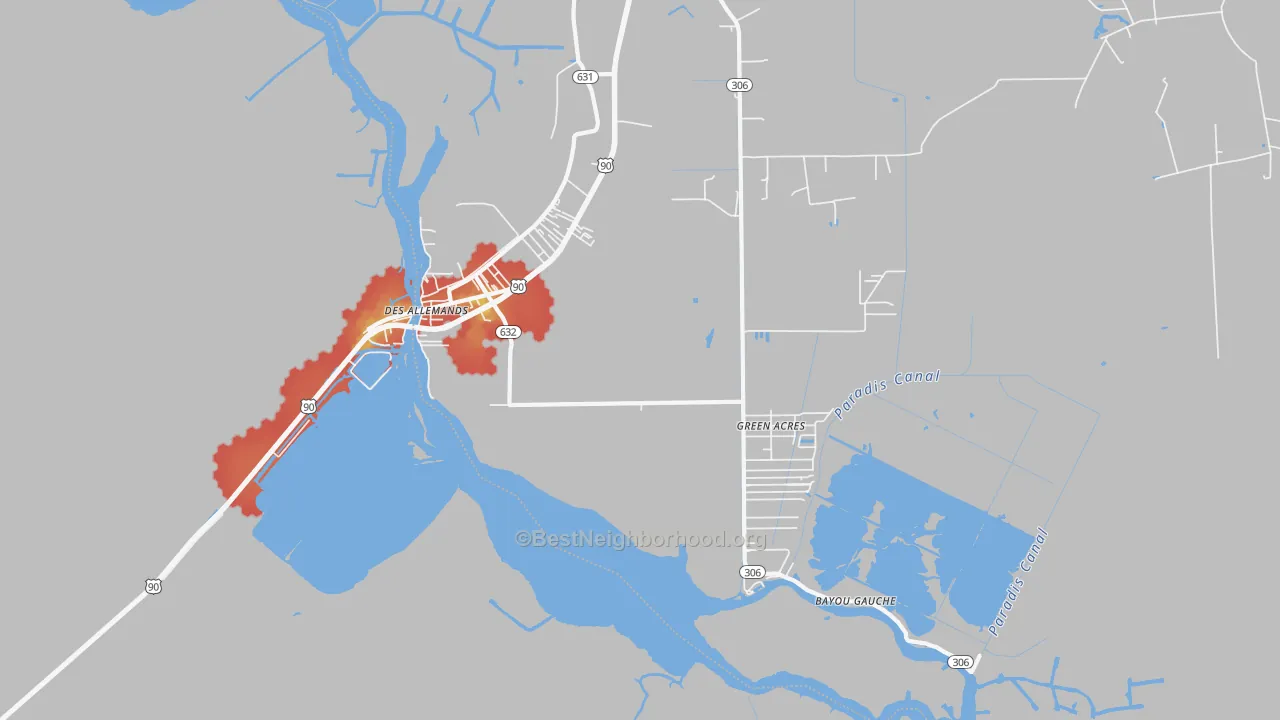 Walk Grade map of 70030, LA, walkable areas in green and car-dependent areas in red