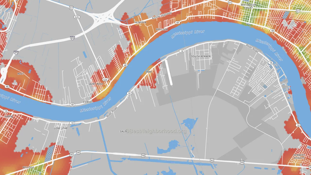 Walk Grade map of 70031, LA, walkable areas in green and car-dependent areas in red