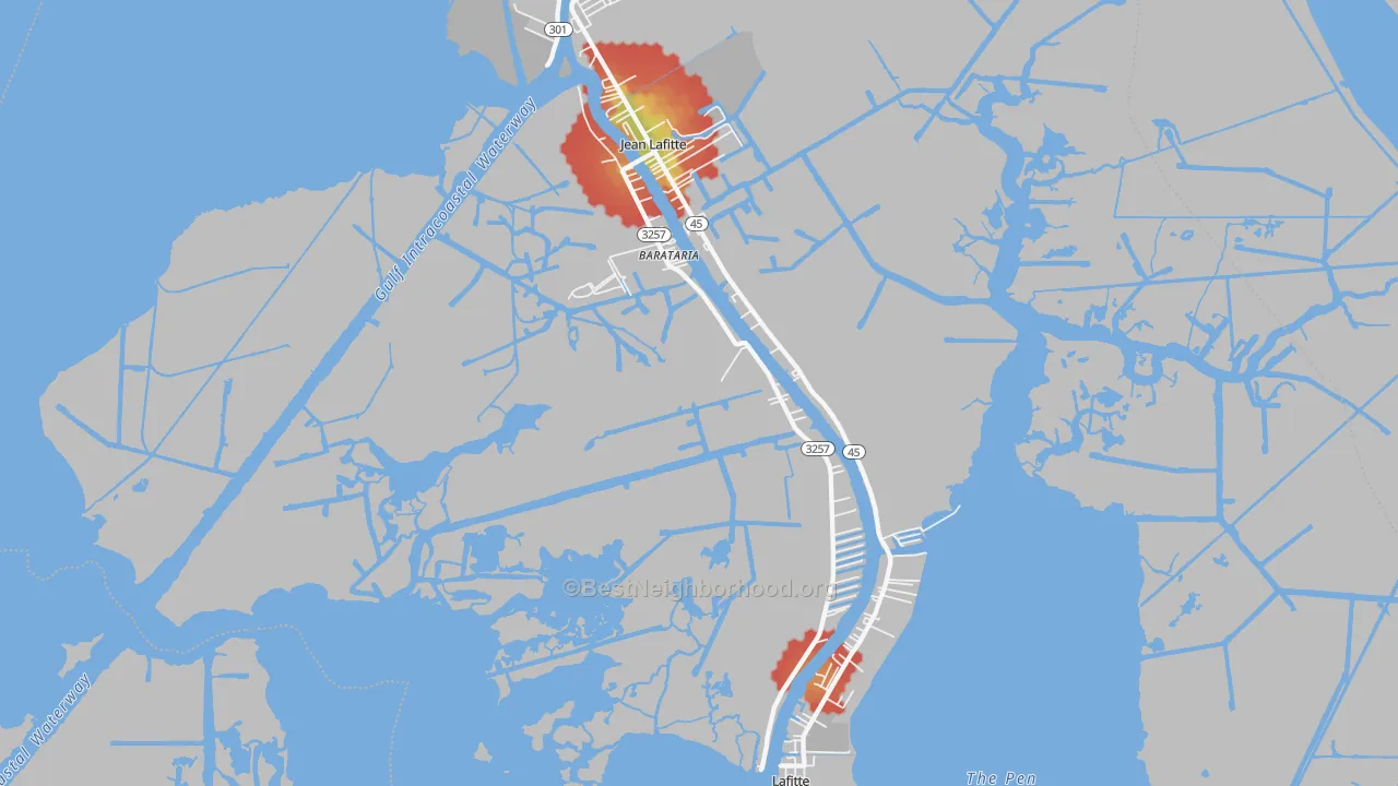 Walk Grade map of 70036, LA, walkable areas in green and car-dependent areas in red