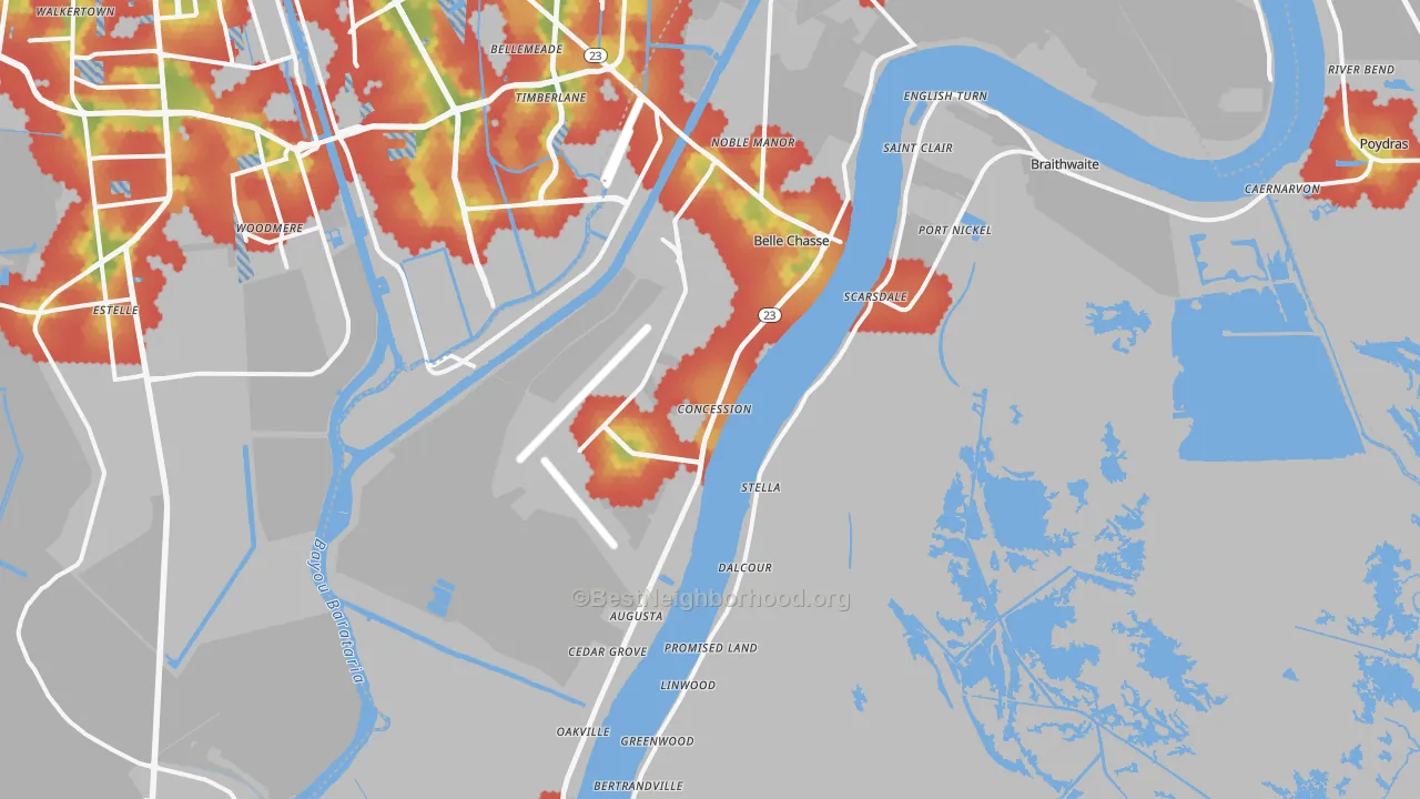 Walk Grade map of 70037, LA, walkable areas in green and car-dependent areas in red