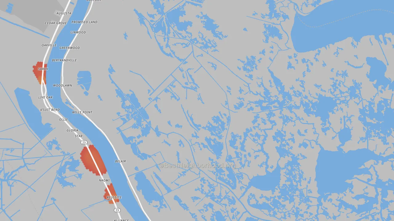 Walk Grade map of 70040, LA, walkable areas in green and car-dependent areas in red
