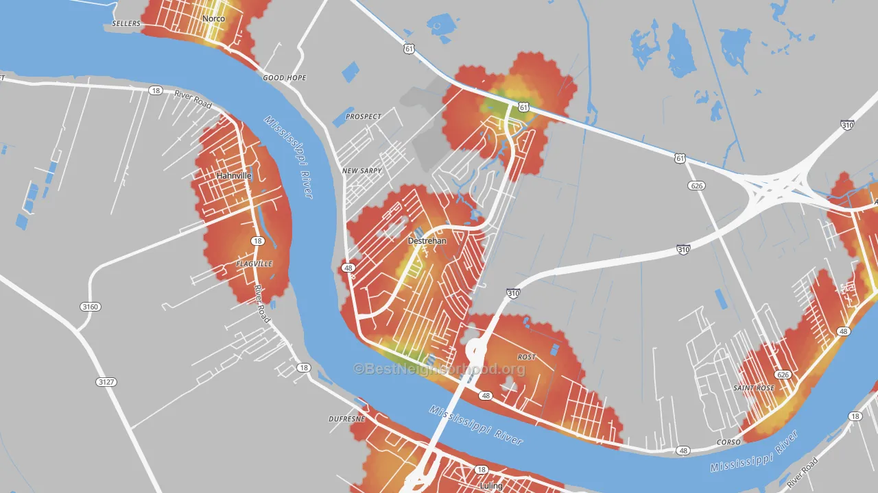 Walk Grade map of 70047, LA, walkable areas in green and car-dependent areas in red