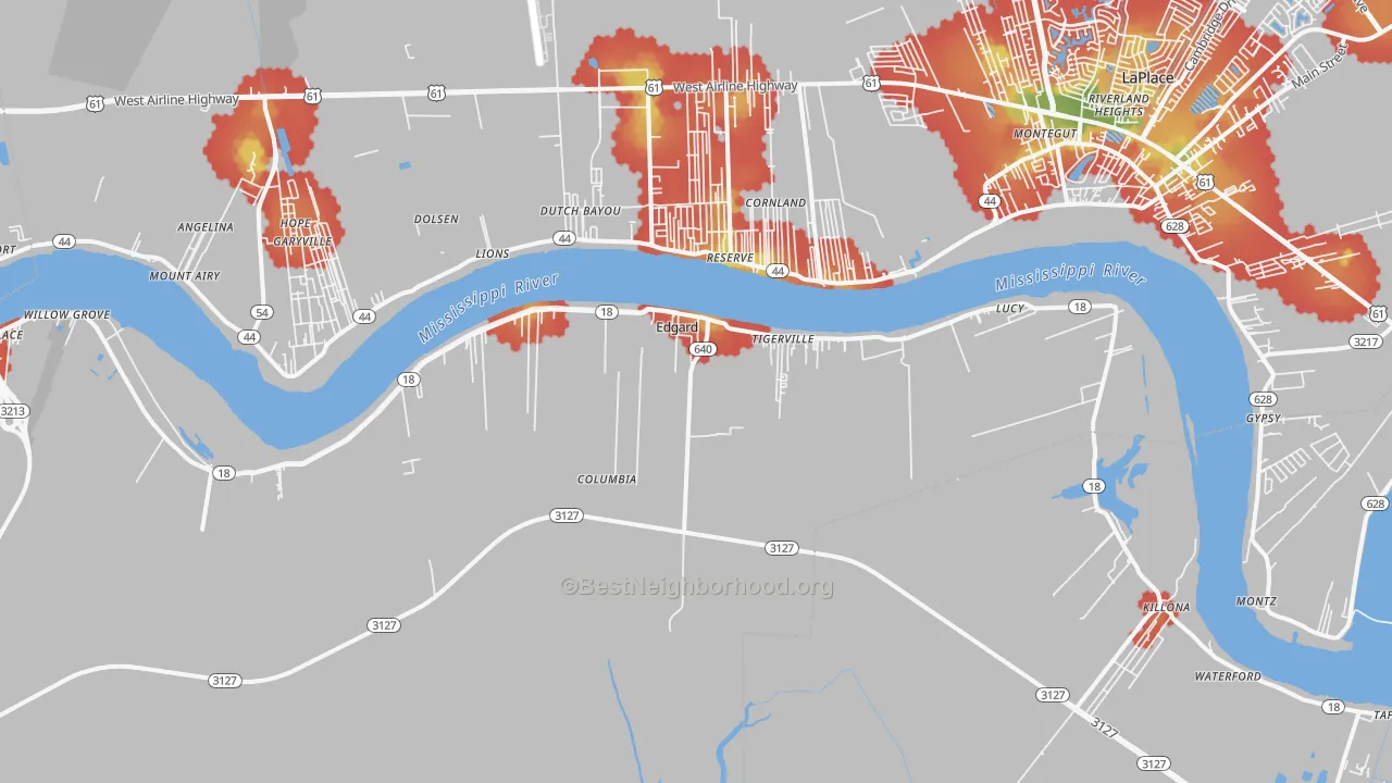 Walk Grade map of 70049, LA, walkable areas in green and car-dependent areas in red