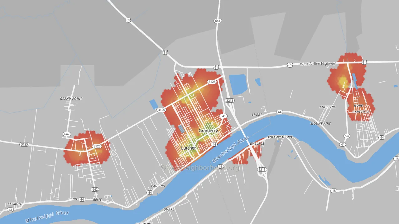 Walk Grade map of 70052, LA, walkable areas in green and car-dependent areas in red