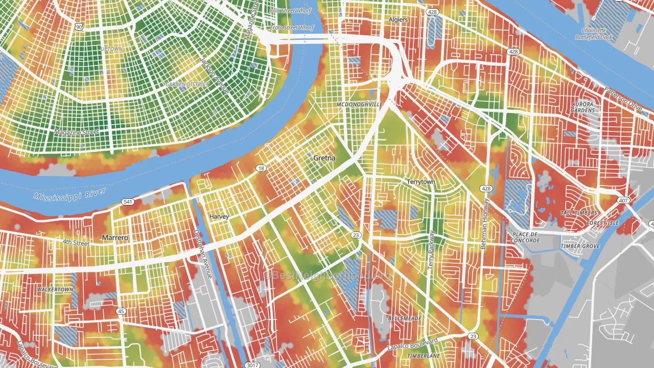 Walk Grade map of 70053, LA, walkable areas in green and car-dependent areas in red