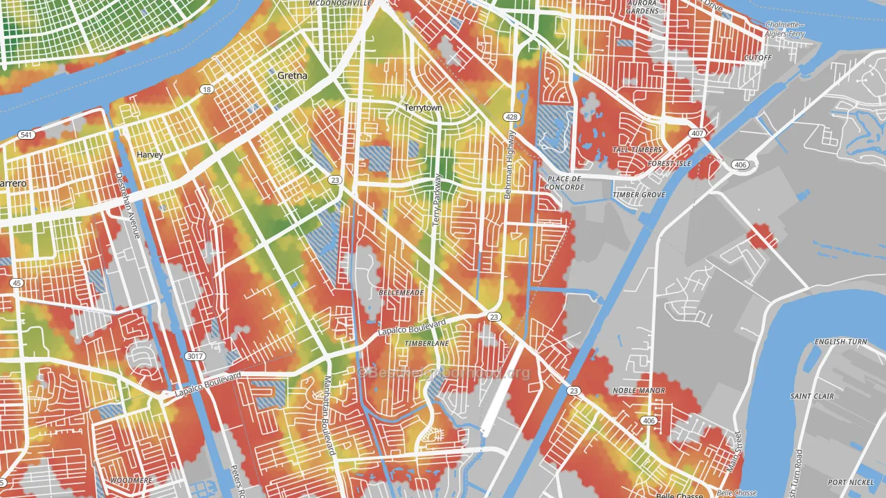 Walk Grade map of 70056, LA, walkable areas in green and car-dependent areas in red