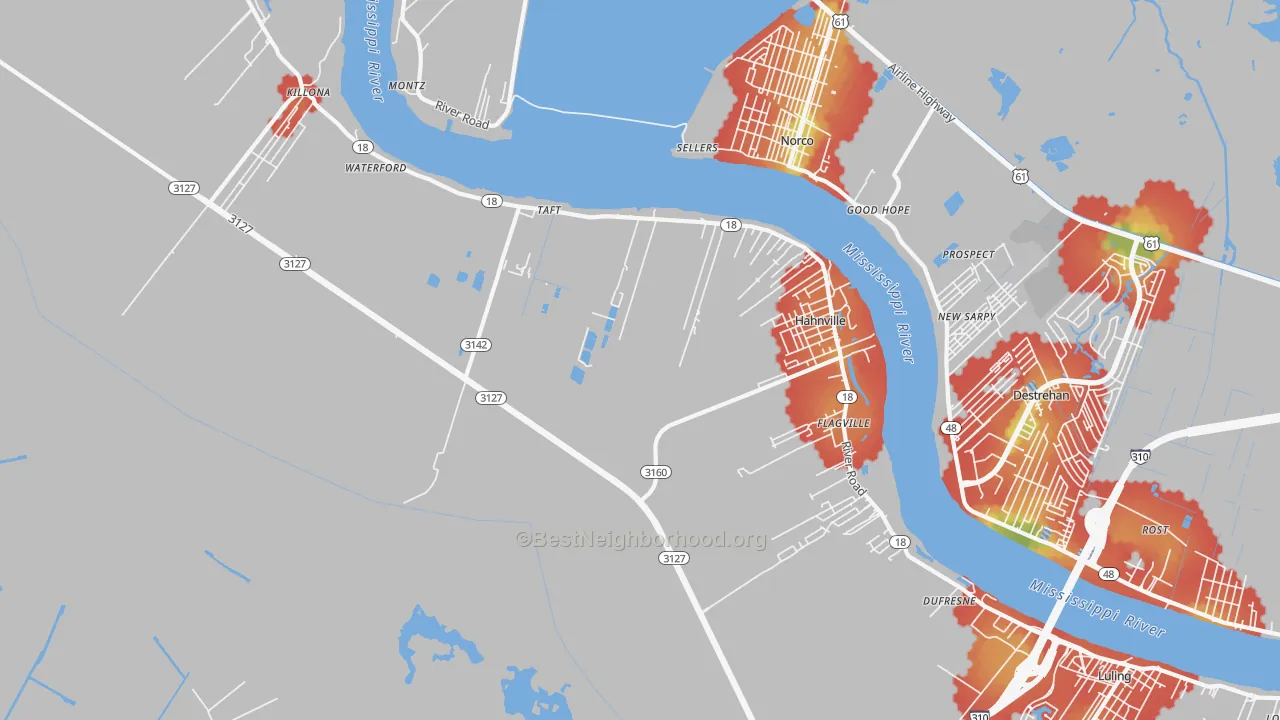 Walk Grade map of 70057, LA, walkable areas in green and car-dependent areas in red