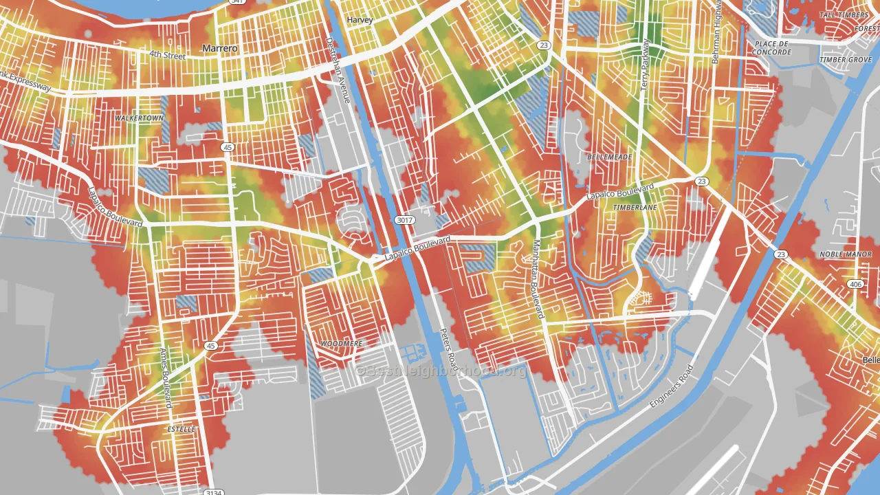 Walk Grade map of 70058, LA, walkable areas in green and car-dependent areas in red