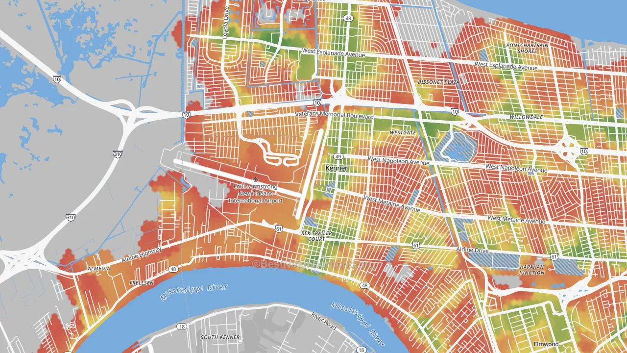 Walk Grade map of 70062, LA, walkable areas in green and car-dependent areas in red