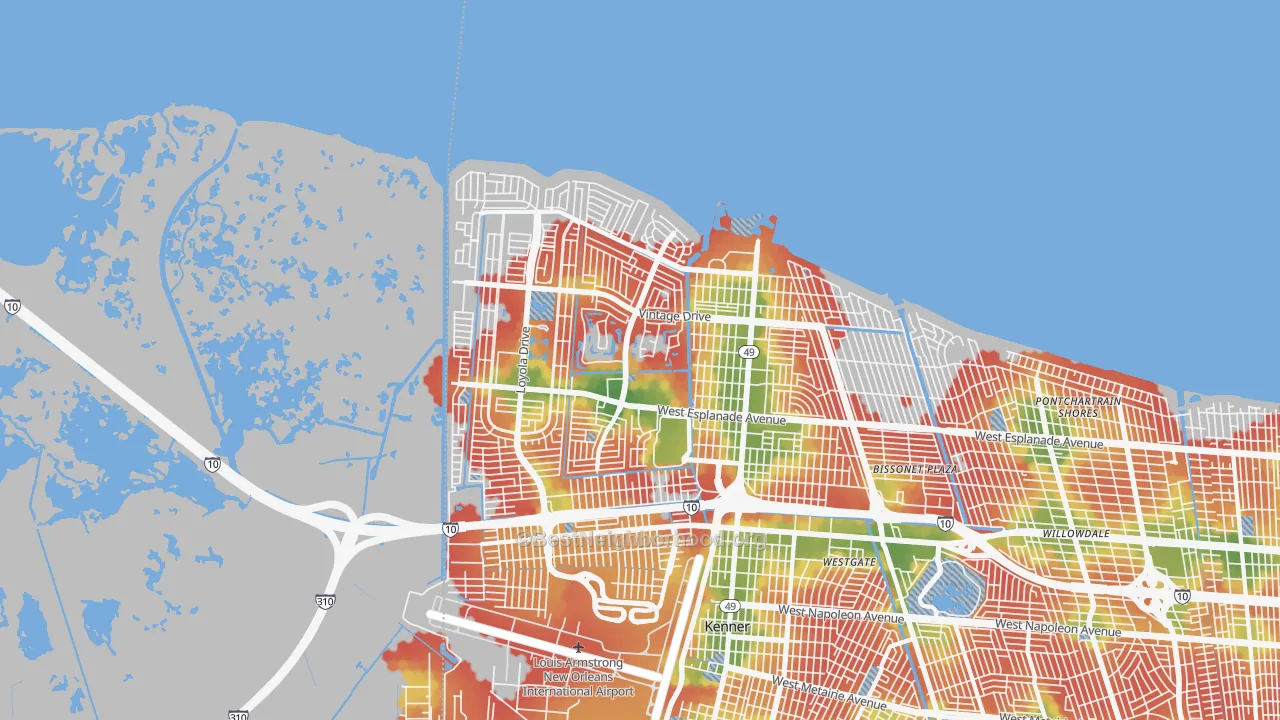 Walk Grade map of 70065, LA, walkable areas in green and car-dependent areas in red