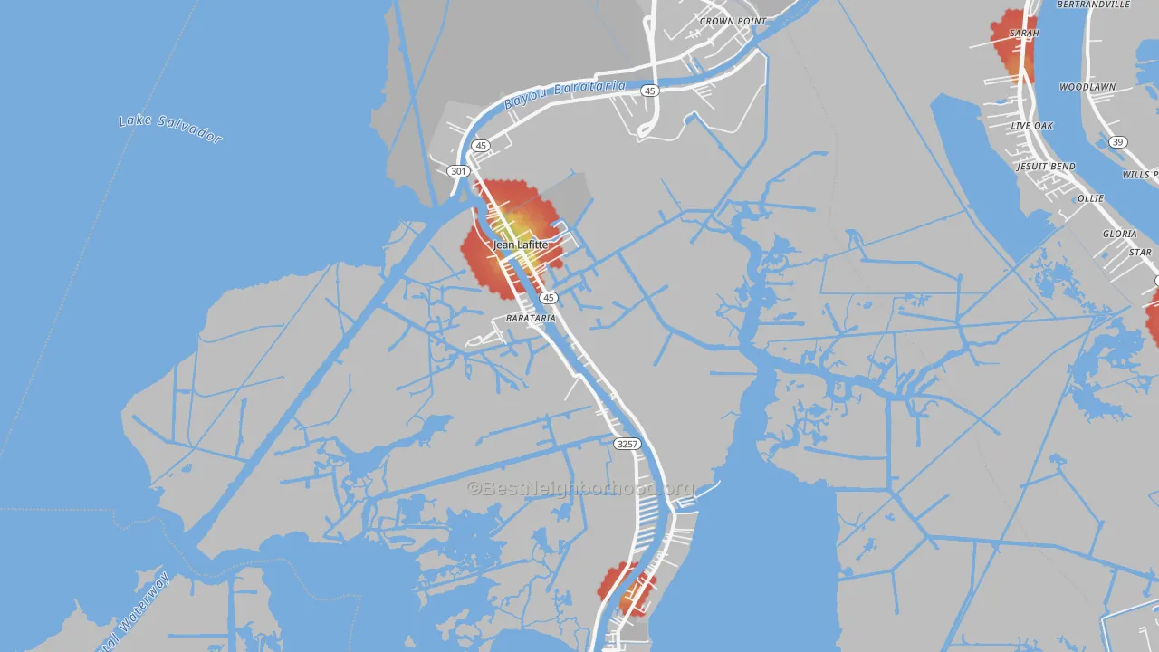 Walk Grade map of 70067, LA, walkable areas in green and car-dependent areas in red