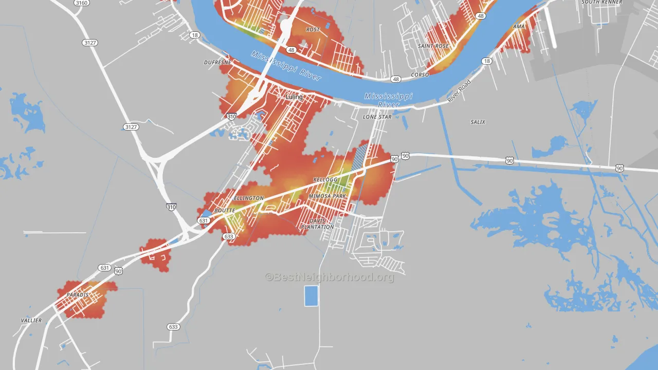 Walk Grade map of 70070, LA, walkable areas in green and car-dependent areas in red