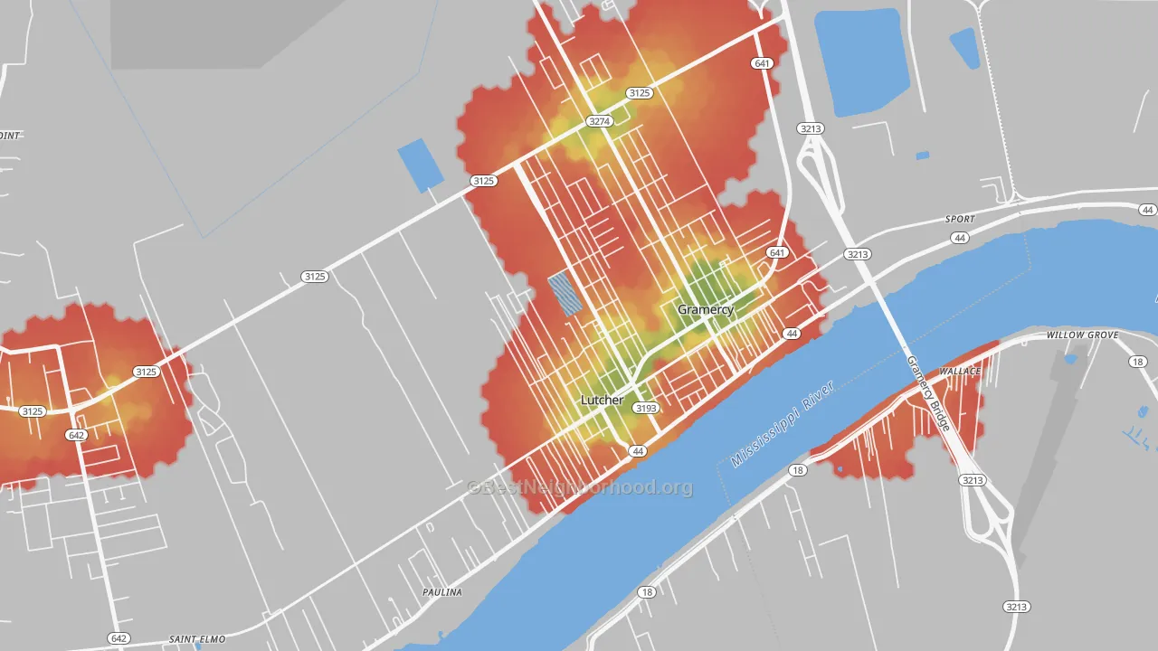 Walk Grade map of 70071, LA, walkable areas in green and car-dependent areas in red